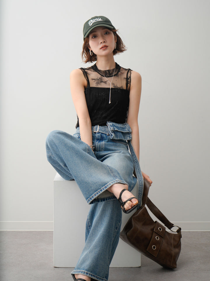 [予約]シースルーストレッチレースノースリトップス/black