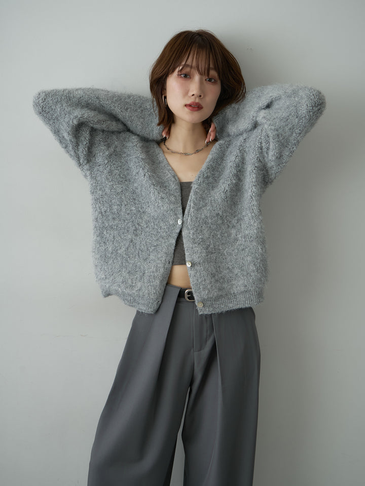 [SET]ブークレクロップニットカーディガン+ベルトループデザインワイドパンツ(2set)