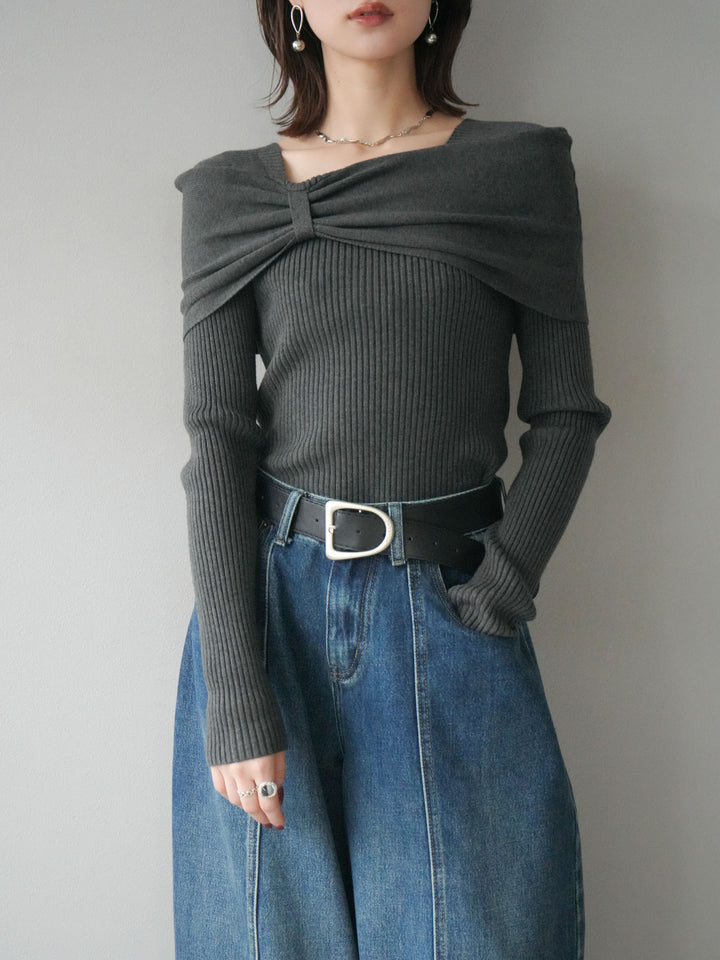 [予約]リボンモチーフオフショルリブニットトップス/gray