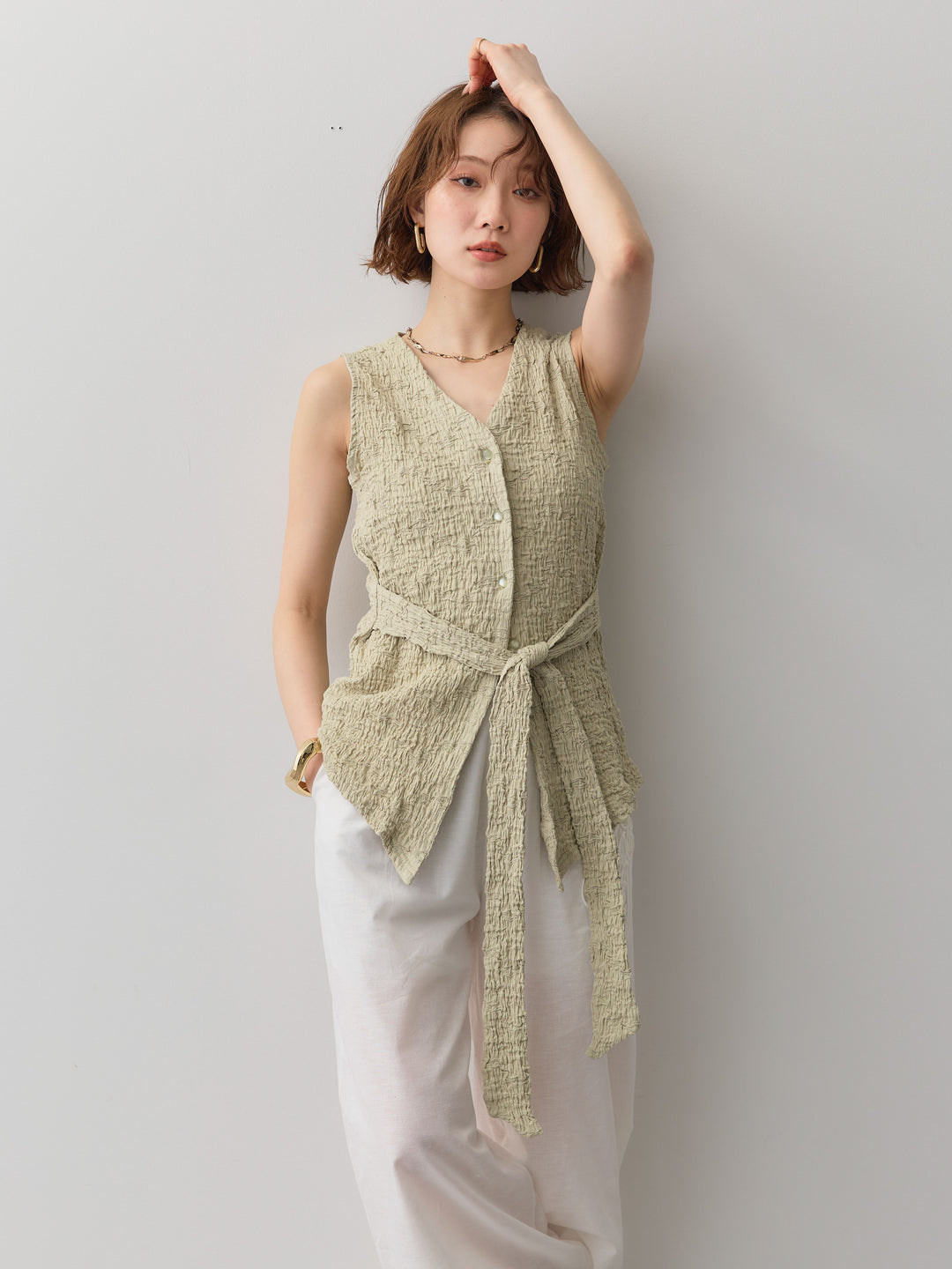 [予約]シャーリングウエストリボンVネックトップス/green