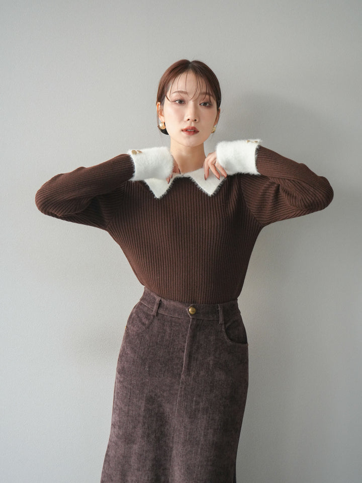 [SET]シャギー襟リブニットトップス+ベルベットマーメイドスカート(2set)