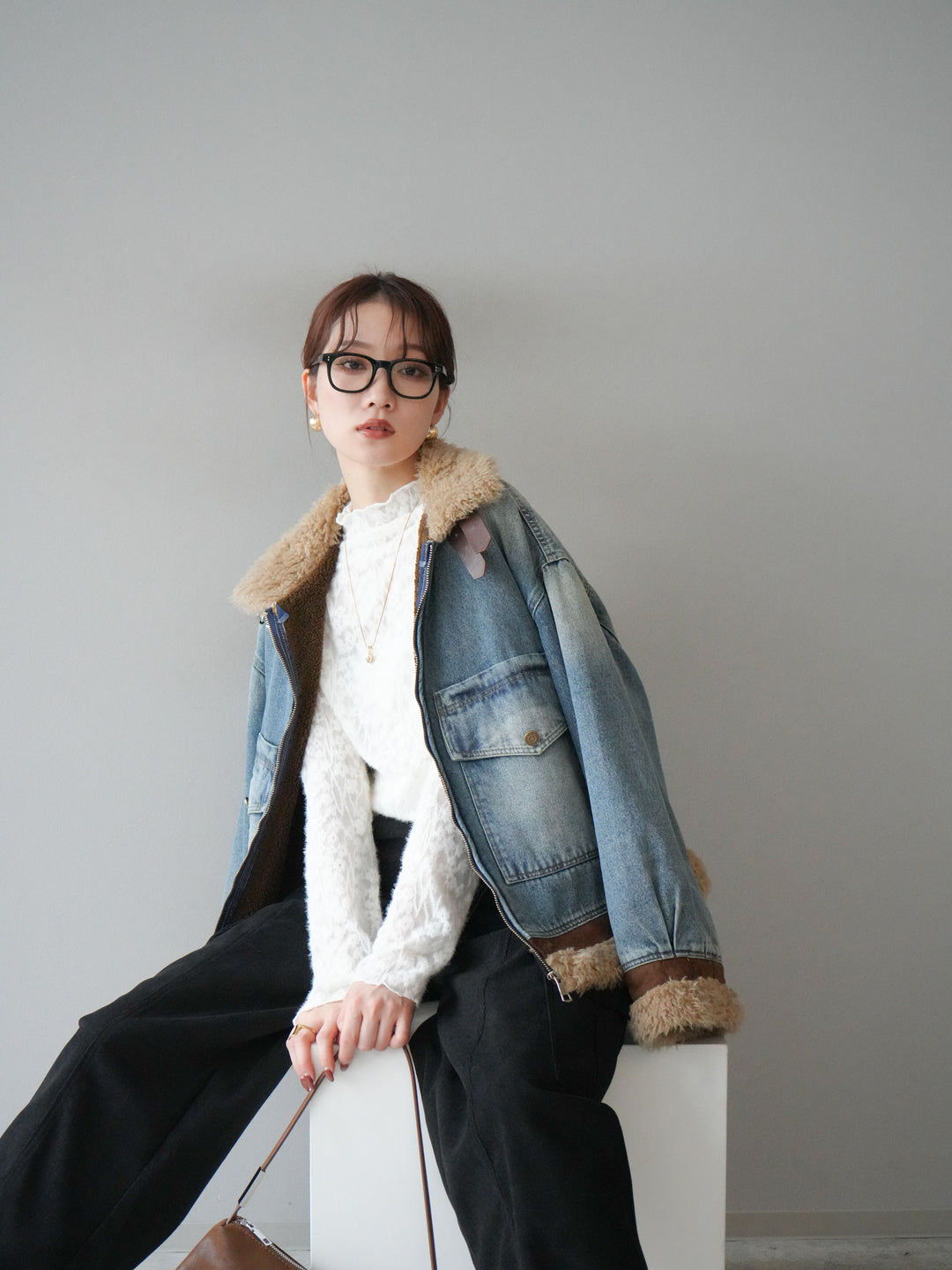 [予約]スタンドカラーファー×デニムジャケット/lightblue