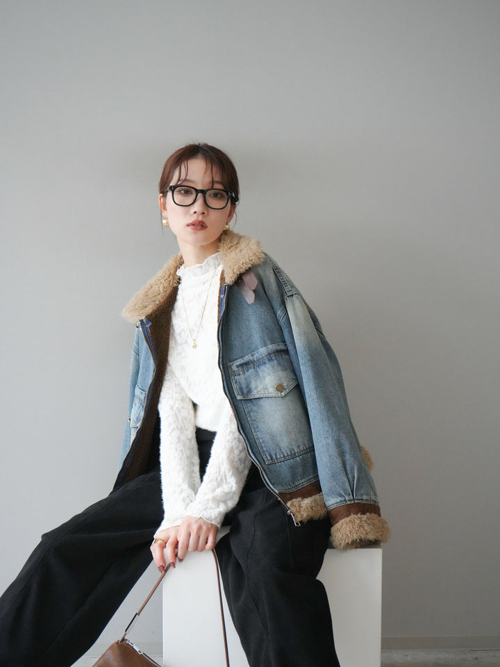 [予約]スタンドカラーファー×デニムジャケット/lightblue