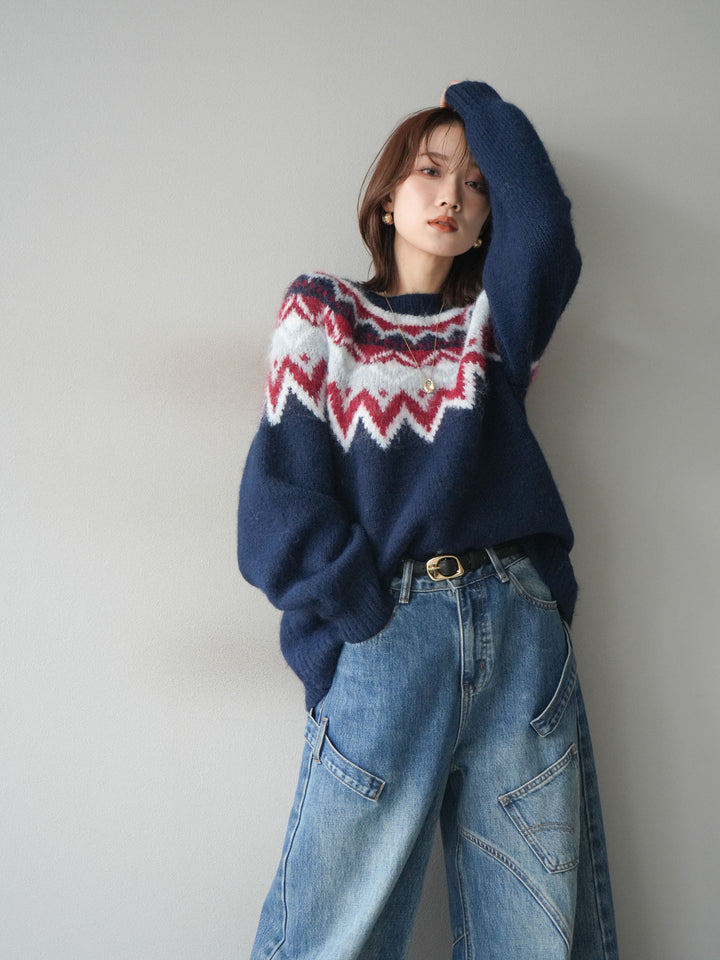 [SET]求心柄オーバーニットプルオーバー+ペインターカーブデニムパンツ(2set)