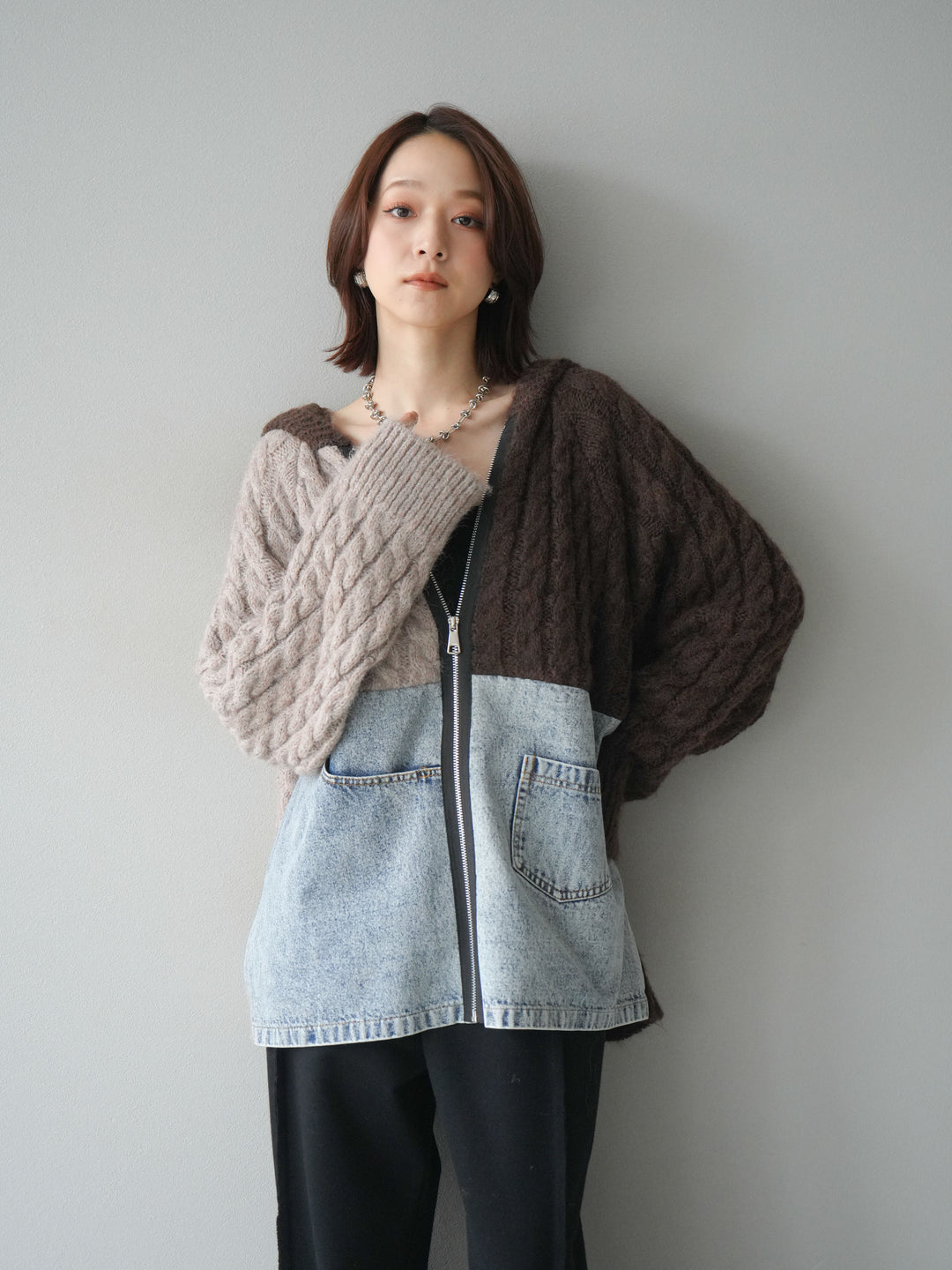 [予約]デニム×バイカラーニットZIPフーディ/brown