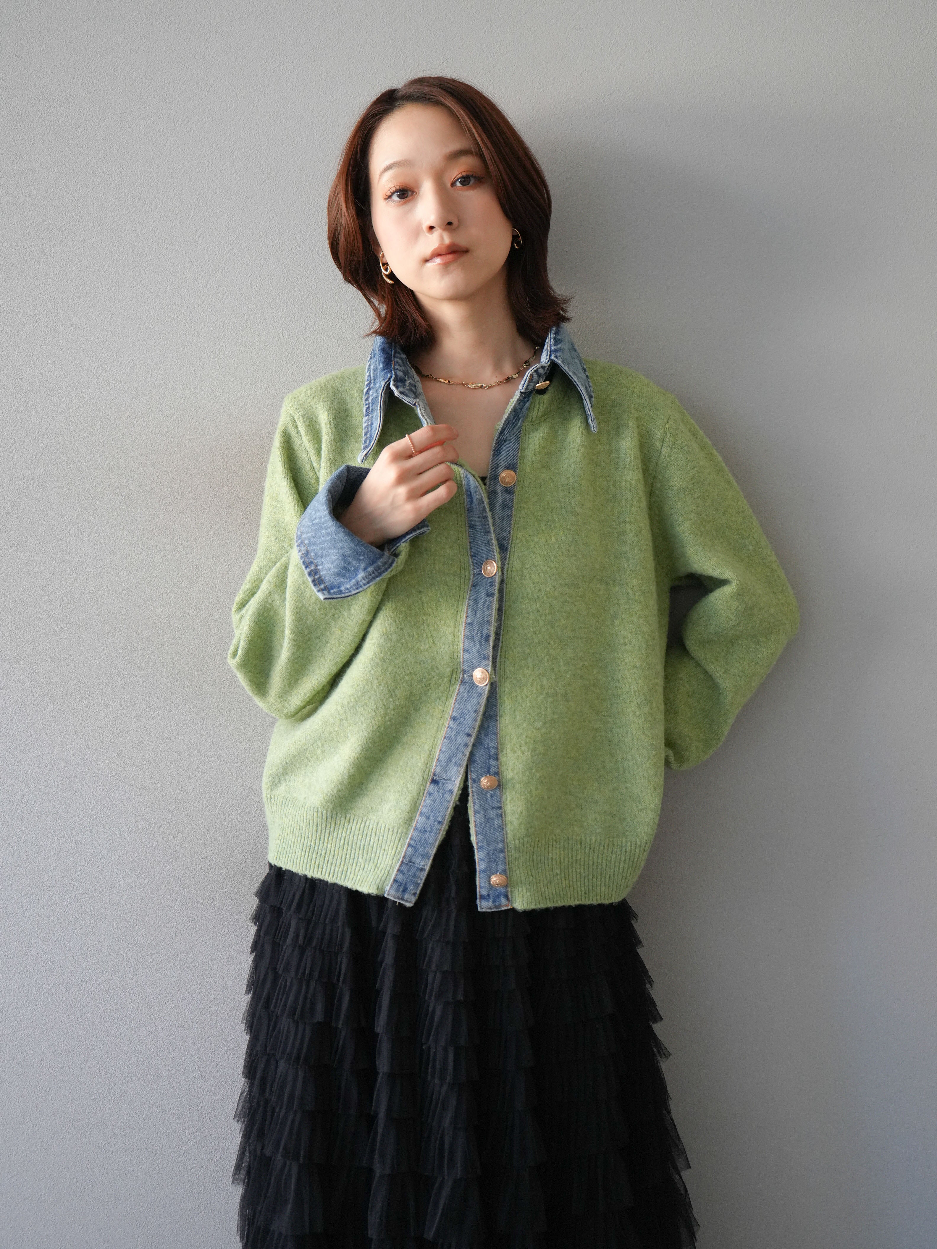 予約]デニム襟ボタンニットカーディガン/pistachio – Lumier