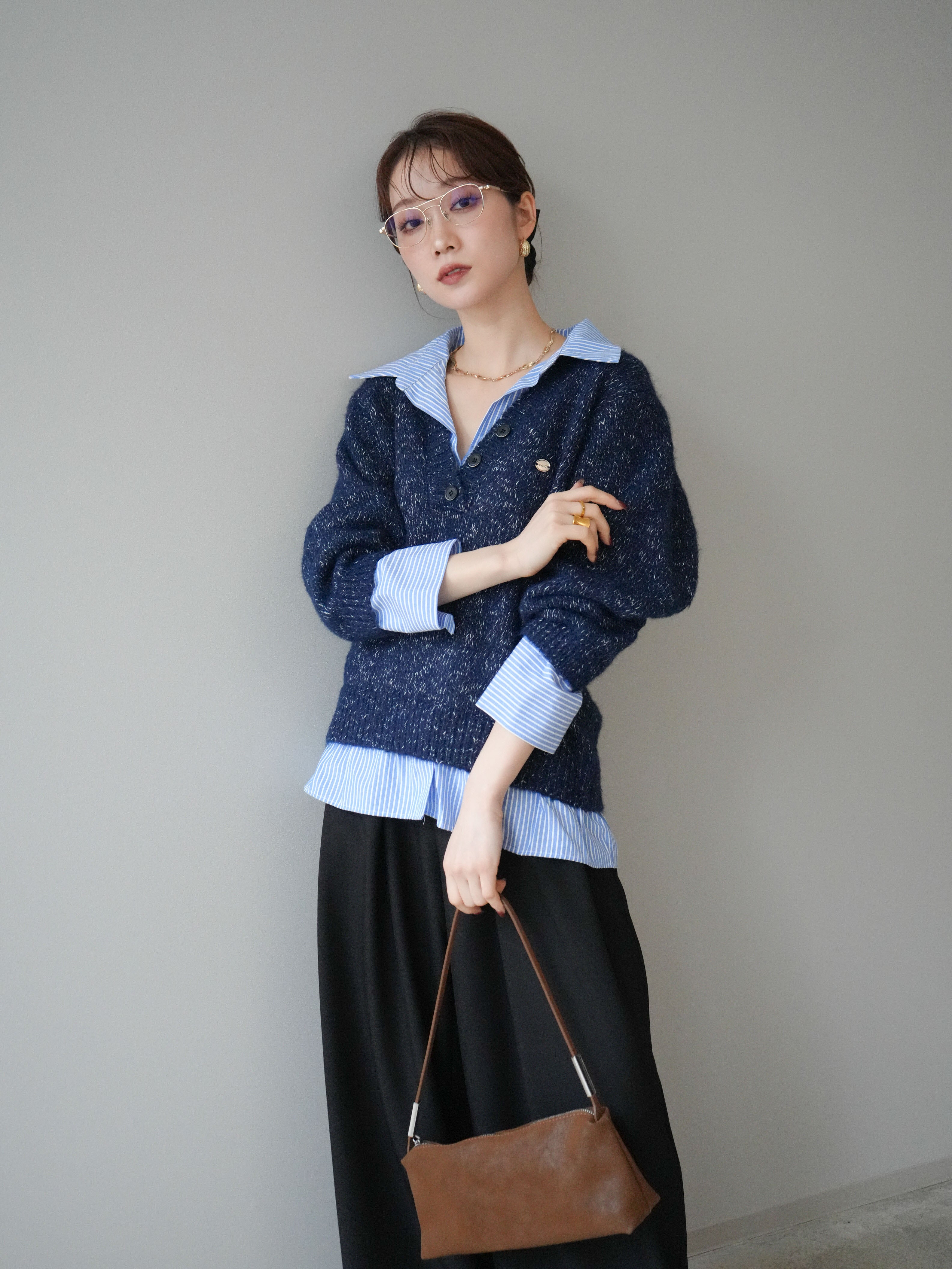 予約]ストライプシャツドッキングMIXヤーンニットプルオーバー/navy