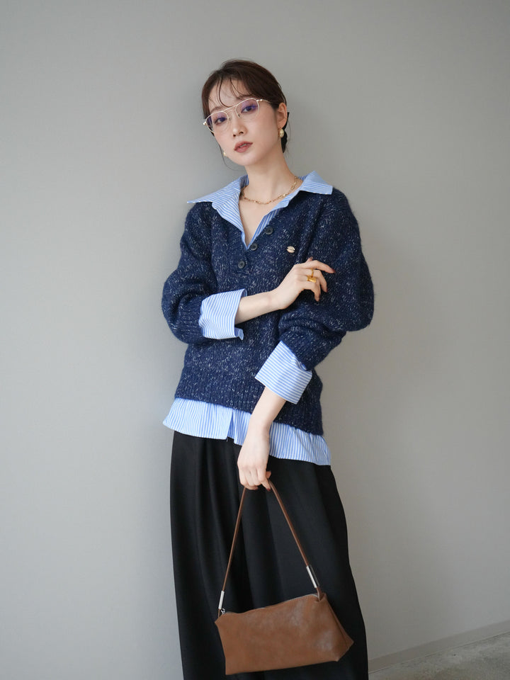 [予約]ストライプシャツドッキングMIXヤーンニットプルオーバー/navy