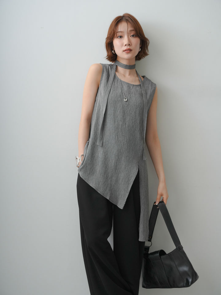 [SET]タイ付アシメヘムノースリトップス+リラックスドレープスウェットパンツ(2set)