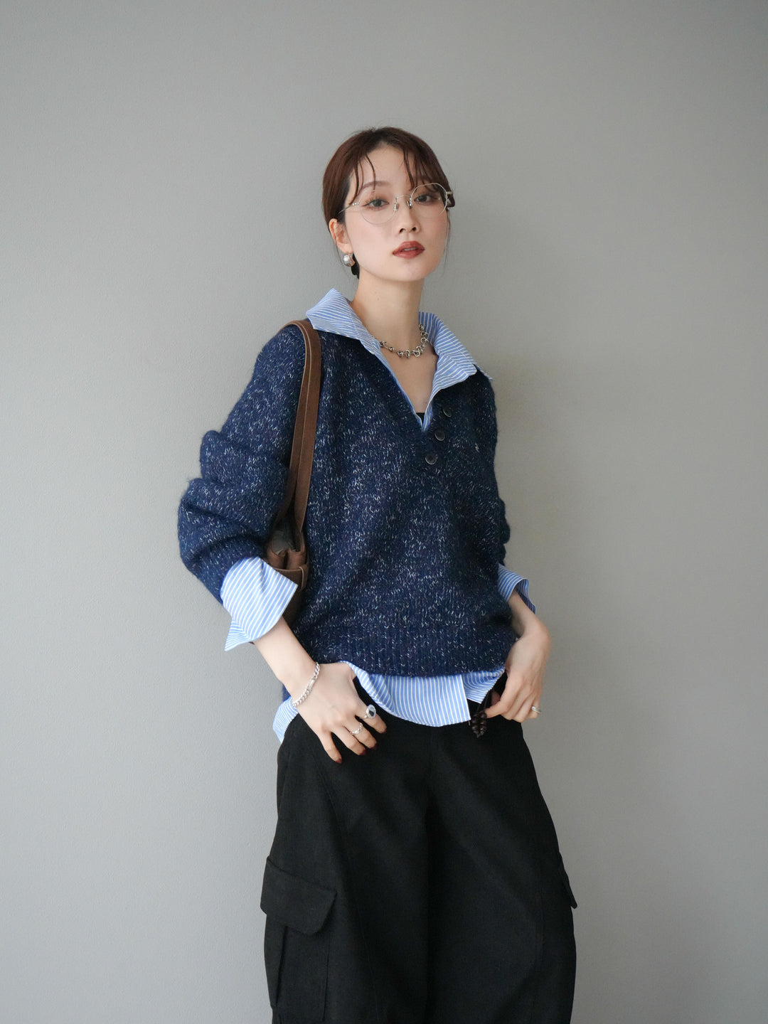 [予約]ストライプシャツドッキングMIXヤーンニットプルオーバー/navy