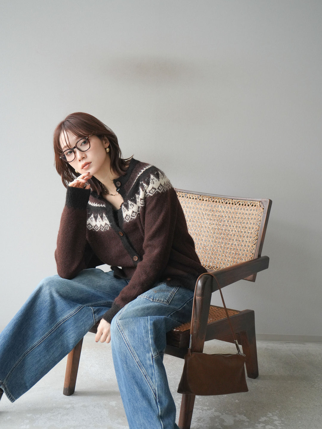 [SET]ノルディック柄ニットカーディガン+ペインターカーブデニムパンツ(2set)