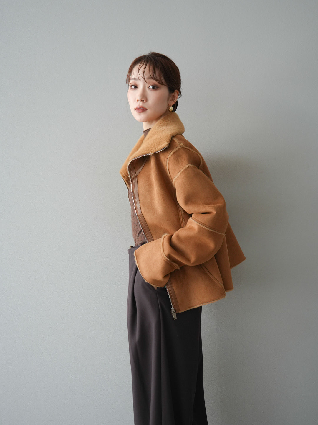 [予約]スタンドカラームートンZIPジャケット/camel