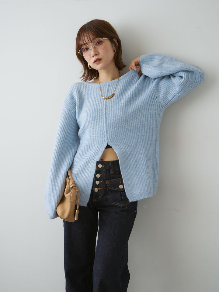 [SET]前後2wayスリットリブニットトップス+インディゴフレアデニム(2set)
