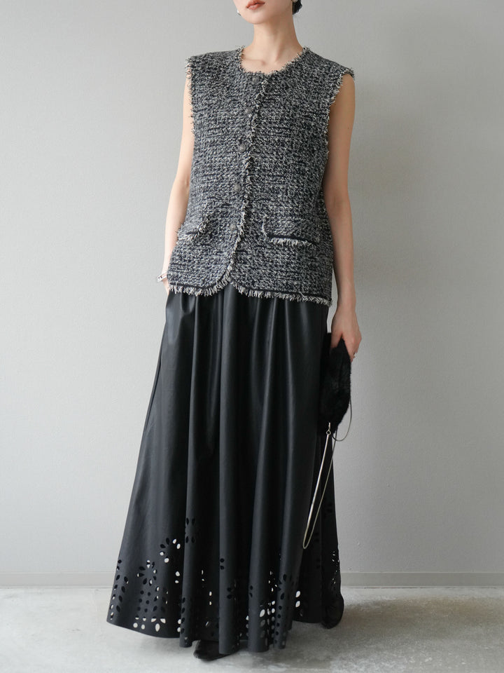 [予約]ミックスツイードフリンジニットベスト/ブラック