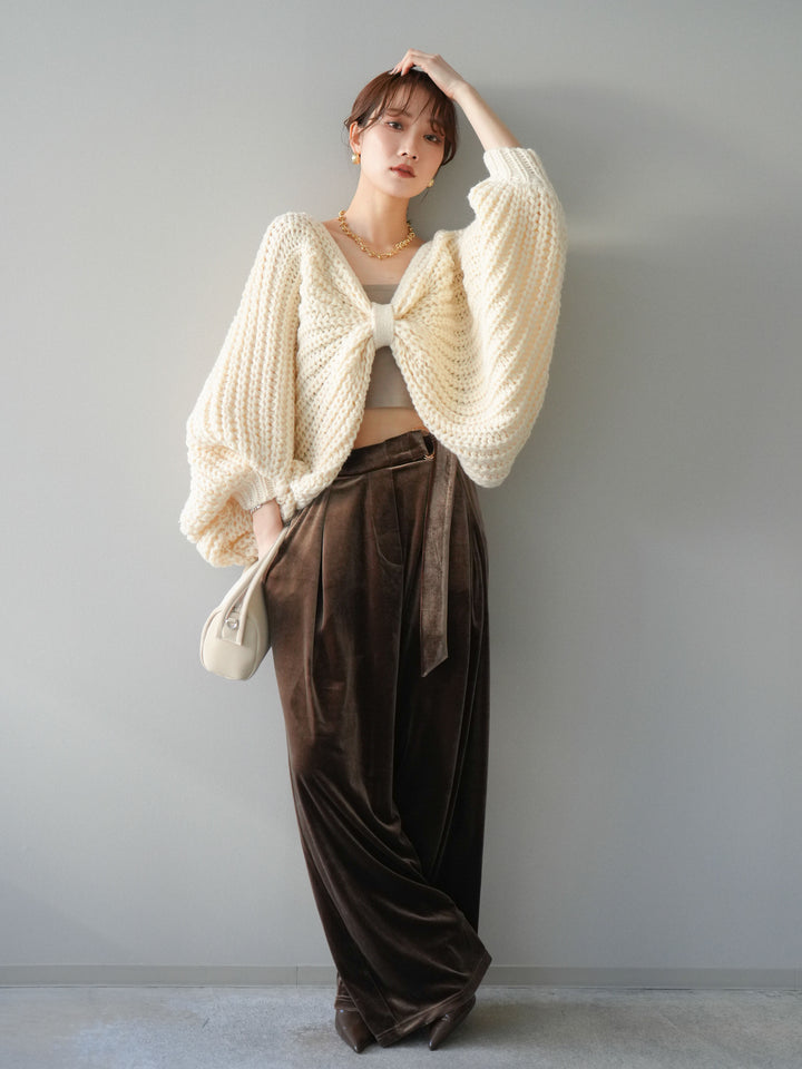 [SET]ローゲージ畦編みドルマンニットボレロ+ベロアベルトスリムパンツ(2set)