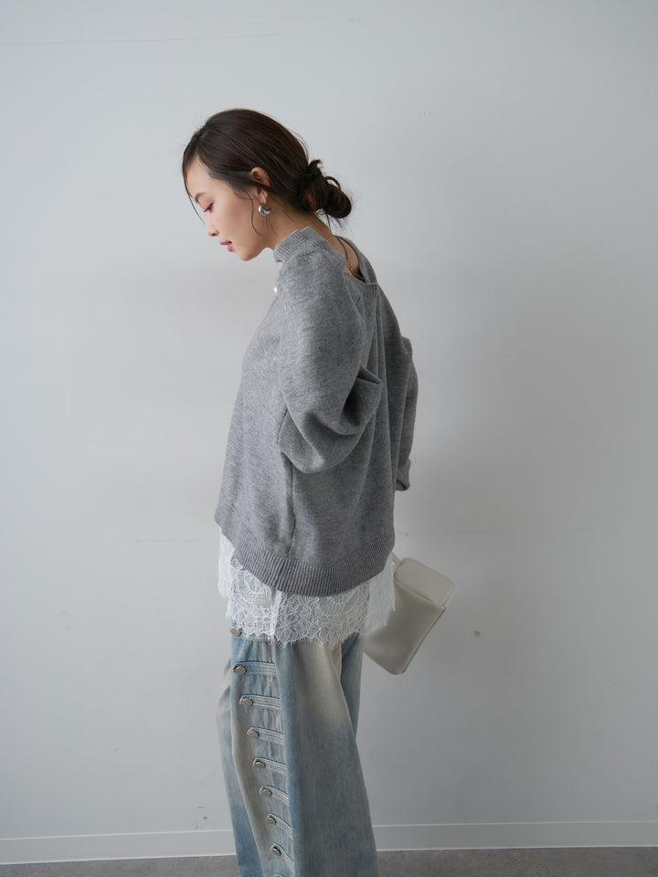 [SET]アルパカタッチレースドッキングVネックニットトップス+アルパカタッチレースドッキングVネックニットトップス(2set)