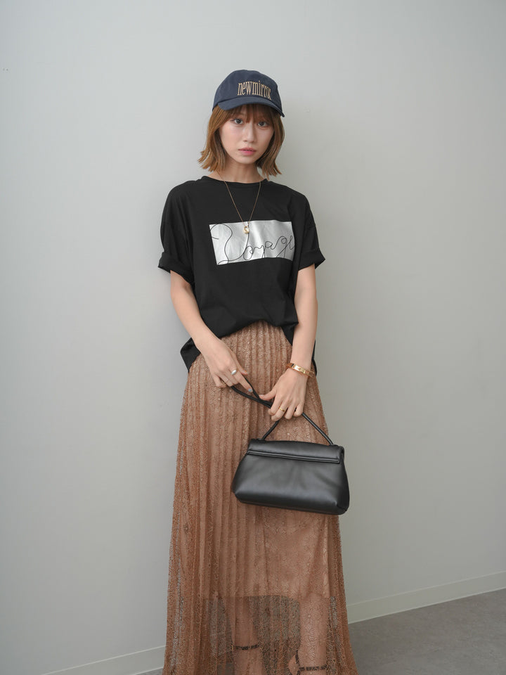 [SET]箔プリントボックスTEE+フローラルレースプリーツスカート(2set)