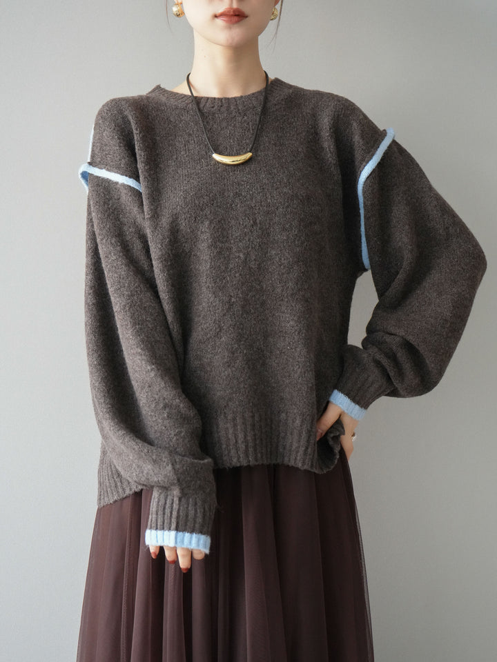 [予約]バイカラーパイピングニットプルオーバー/brown
