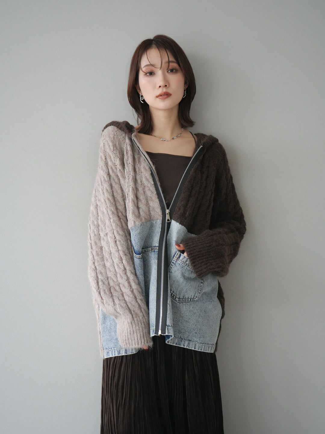 [予約]デニム×バイカラーニットZIPフーディ/brown