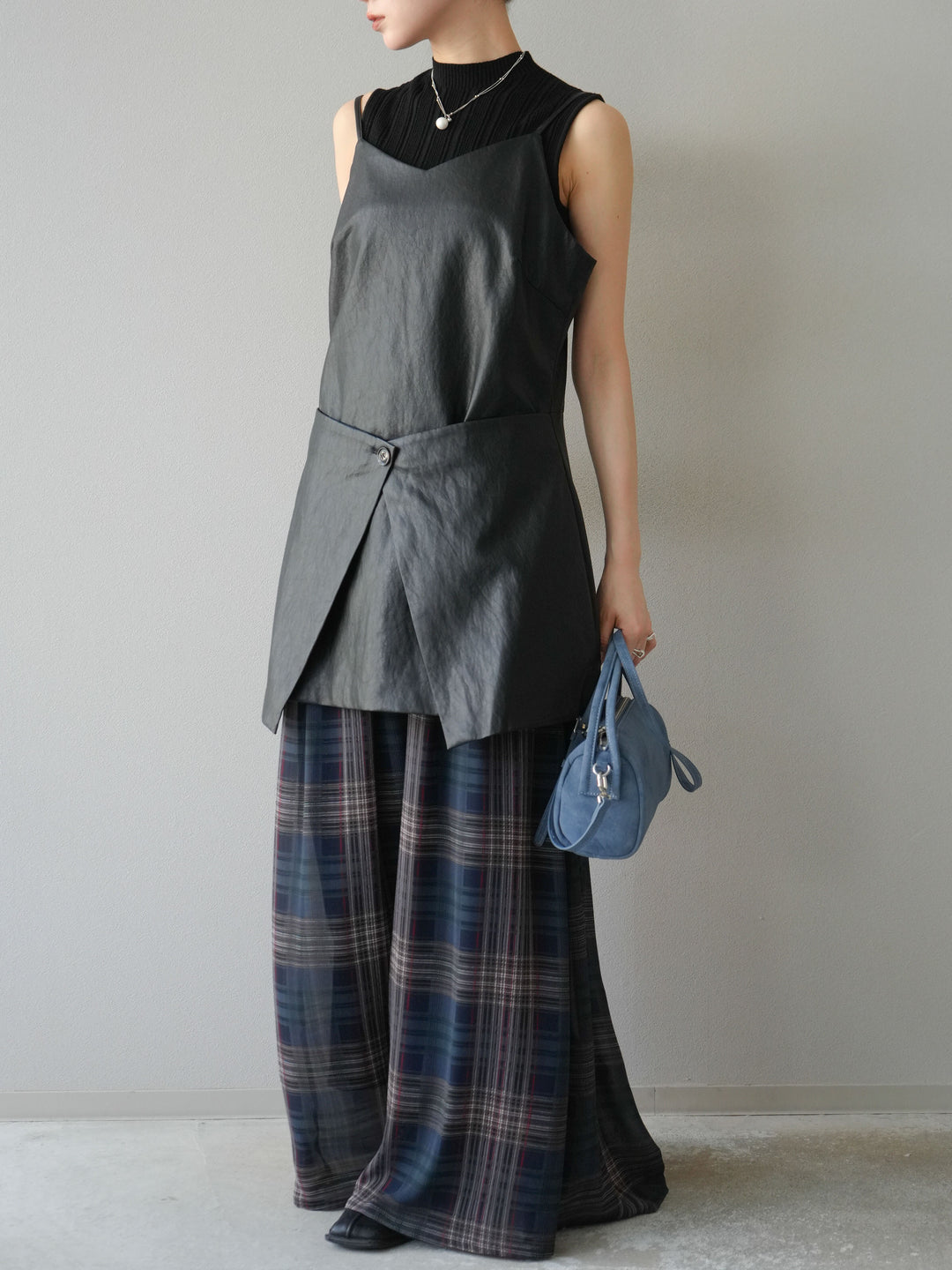 [予約]レイヤードレザーキャミソールチュニック/ブラック