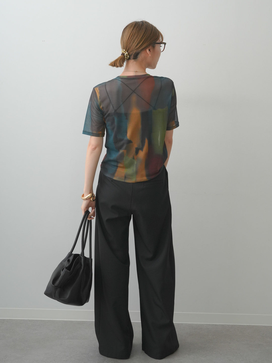 [SET]水彩アートシアーTシャツ+アシンメトリーベルトタックワイドパンツ(2set)