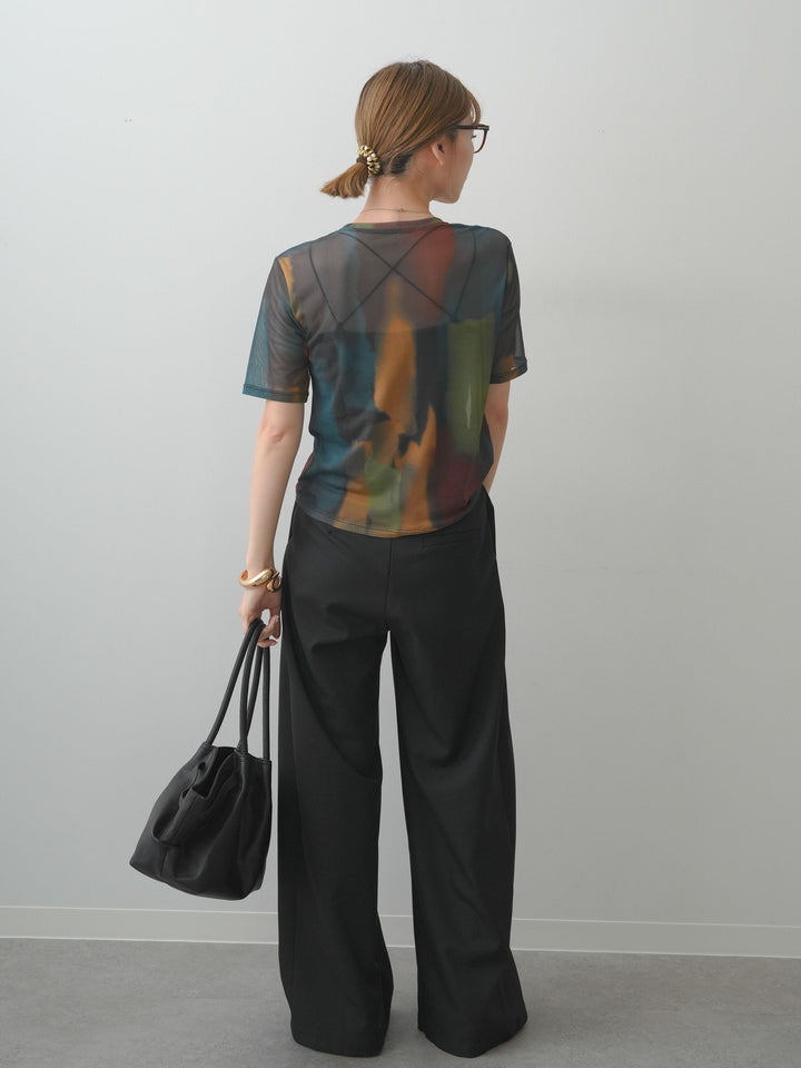 [SET]水彩アートシアーTシャツ+アシンメトリーベルトタックワイドパンツ(2set)