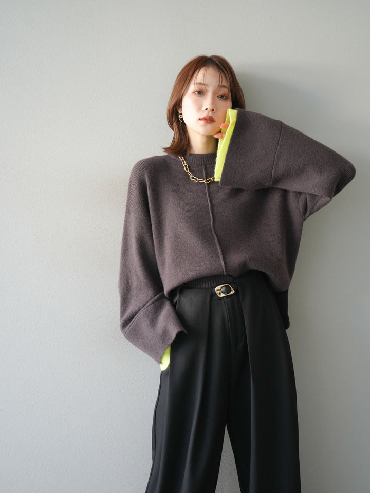 [予約]袖レイヤード配色ニットプルオーバー/brown