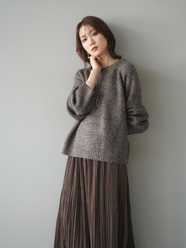 [予約]クルーネック畦編みミックスニット/brown