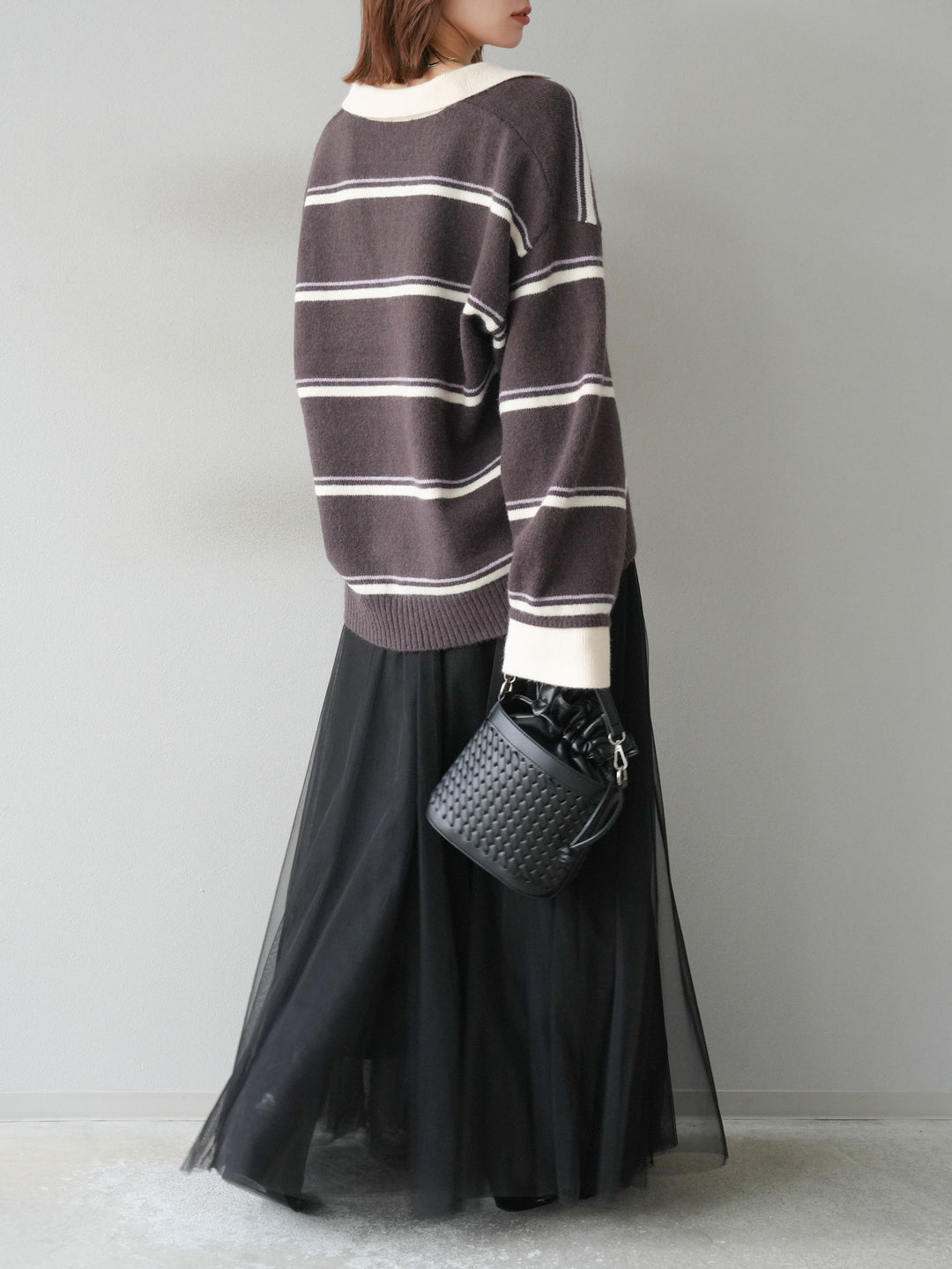 [SET]ポロ襟スキッパーボーダーニットプルオーバー+チュールボリュームスカート(2set)