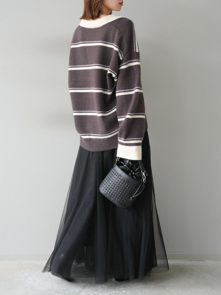 [SET]ポロ襟スキッパーボーダーニットプルオーバー+チュールボリュームスカート(2set)