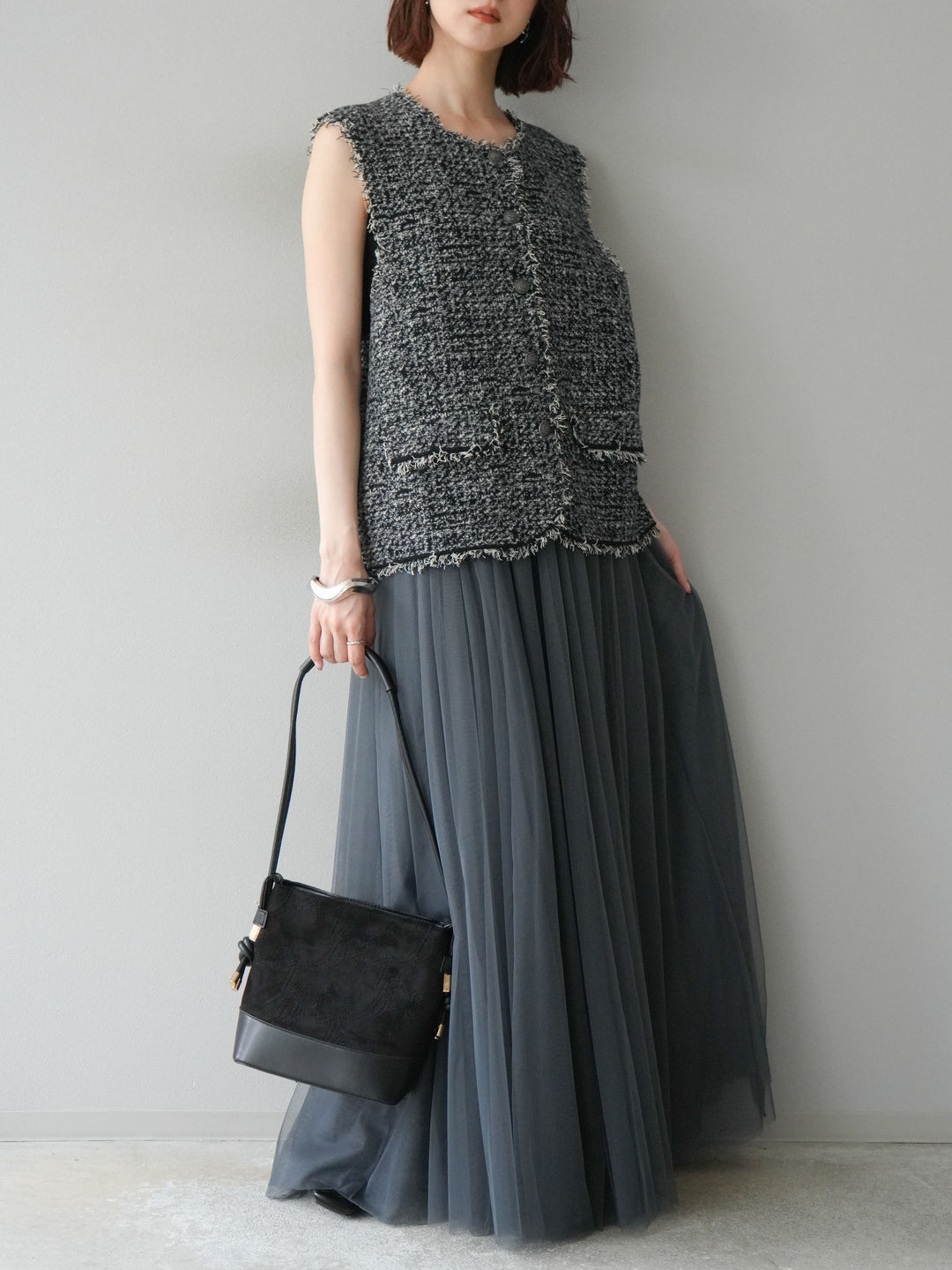 [予約]ミックスツイードフリンジニットベスト/ブラック