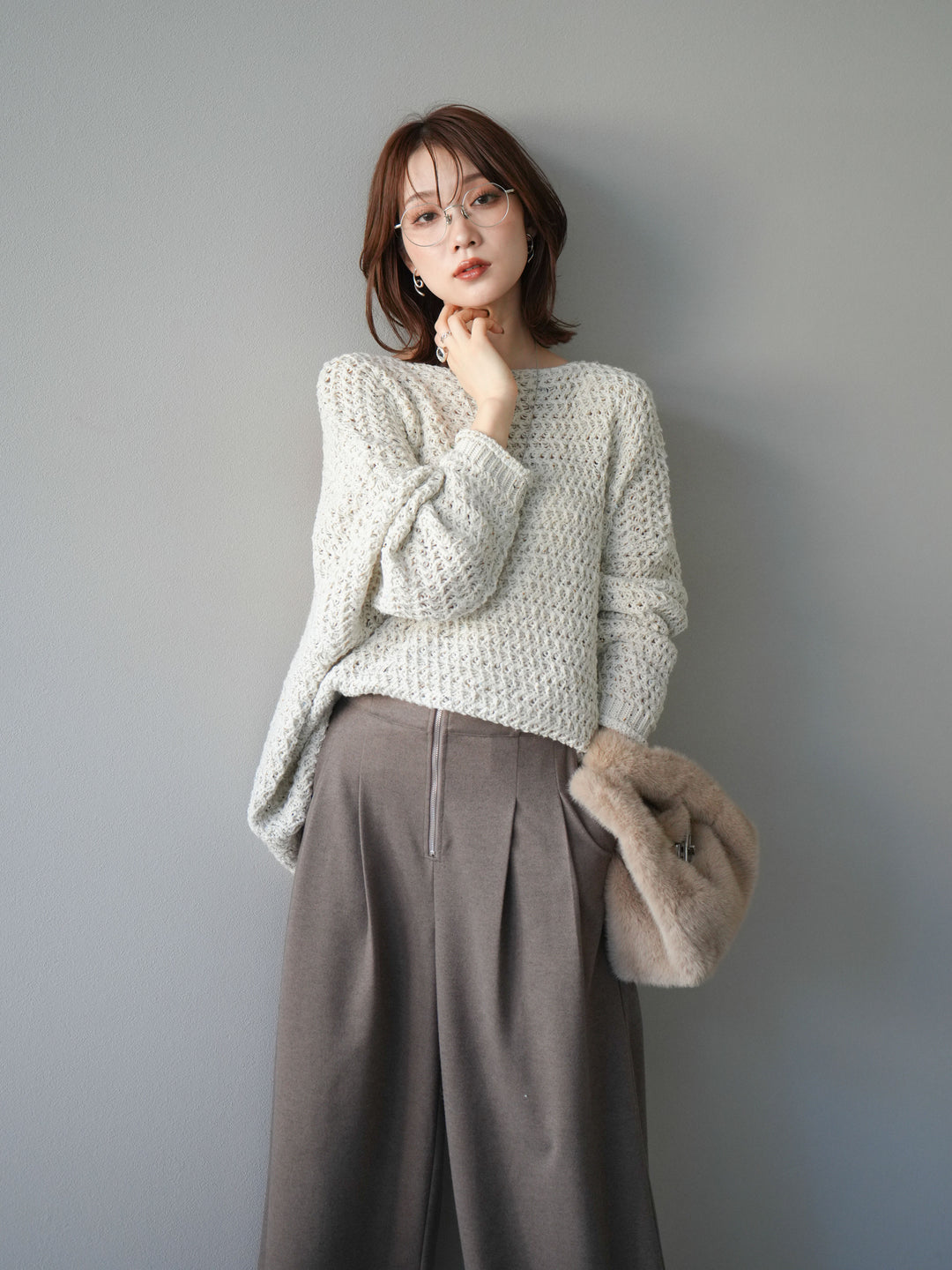 [予約]ネップ透かし編みオーバーニット/ivory