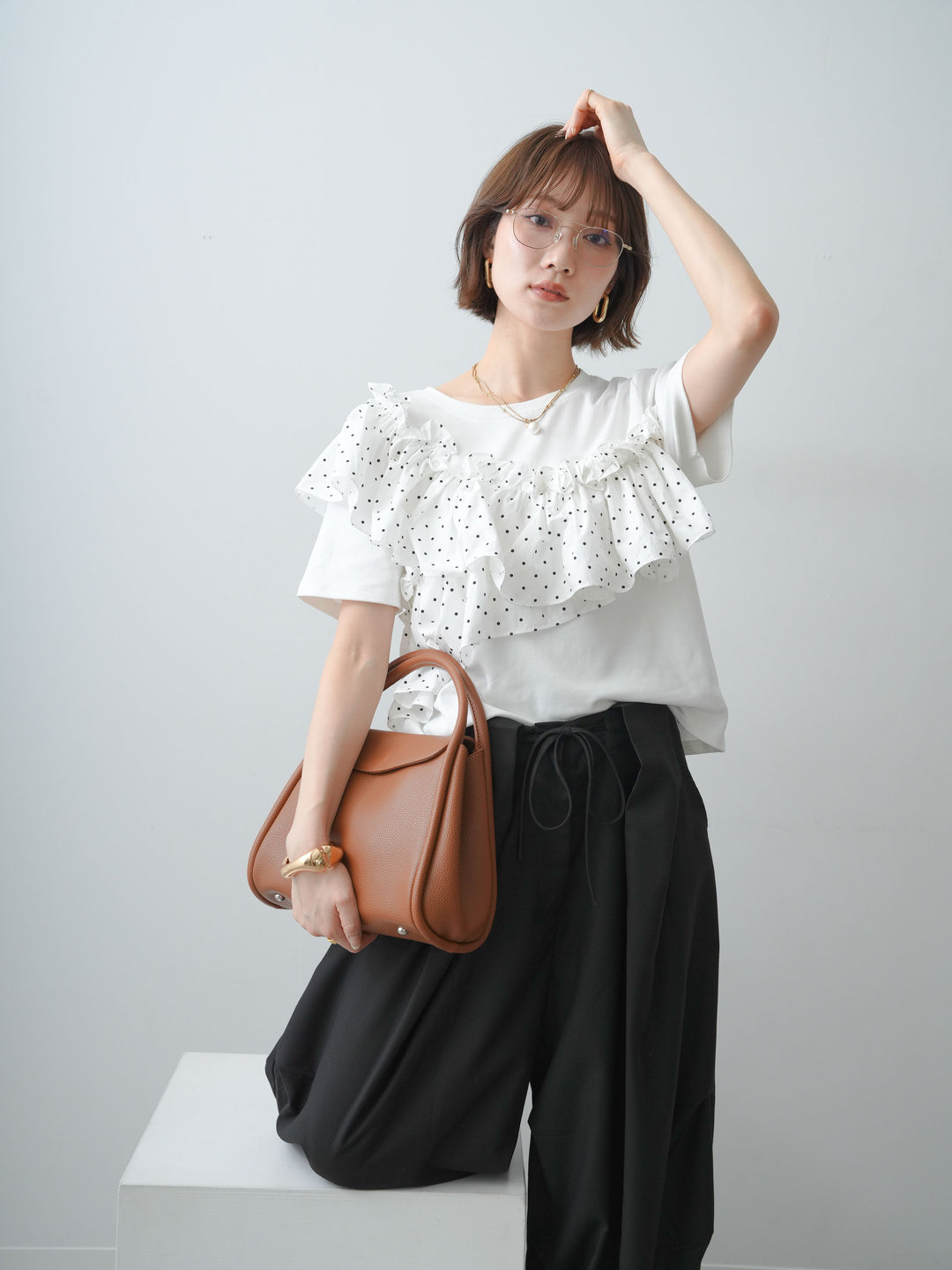 [SET]ドットギャザーフリルデザインTEE+選べるアクセセット(2set)