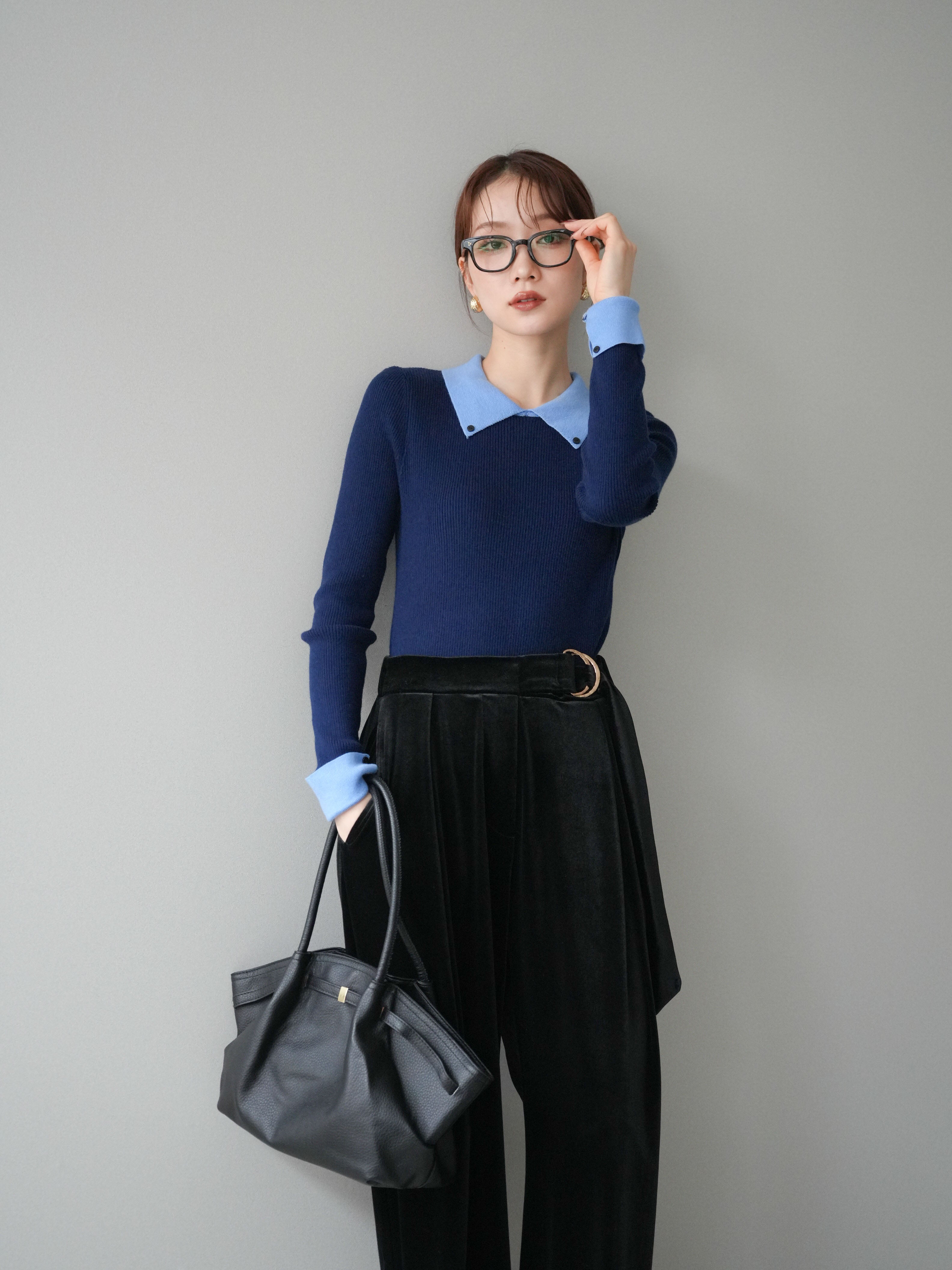 予約]ニットカフス襟付き配色リブニットトップス/navy – Lumier