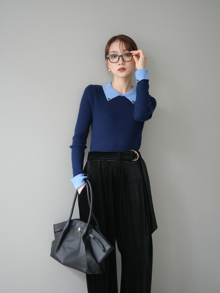 [予約]ニットカフス襟付き配色リブニットトップス/navy