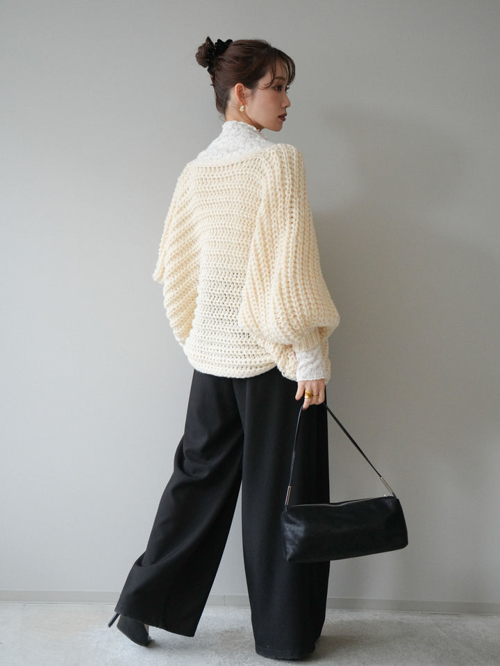 [SET]ローゲージ畦編みドルマンニットボレロ+起毛レースプチネックトップス+ベルトループデザインワイドパンツM(3set)