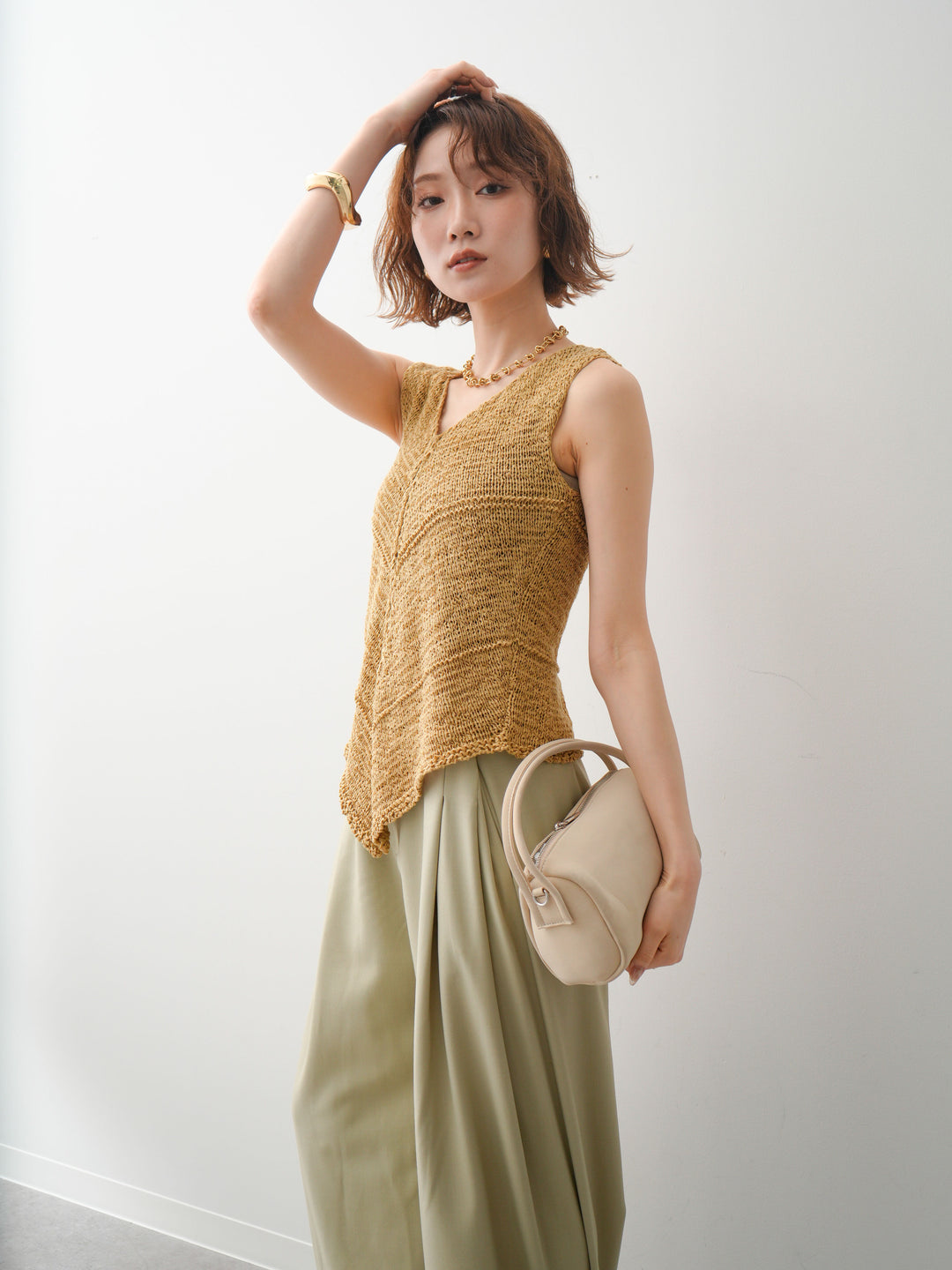 [予約]テープヤーンVネックニットトップス/khaki