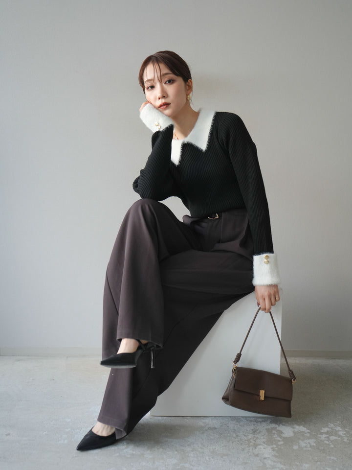 [SET]シャギー襟リブニットトップス+ベルトループデザインワイドパンツ(2set)