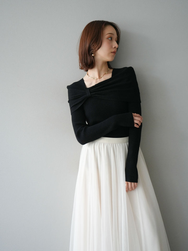 [予約]リボンモチーフオフショルリブニットトップス/black