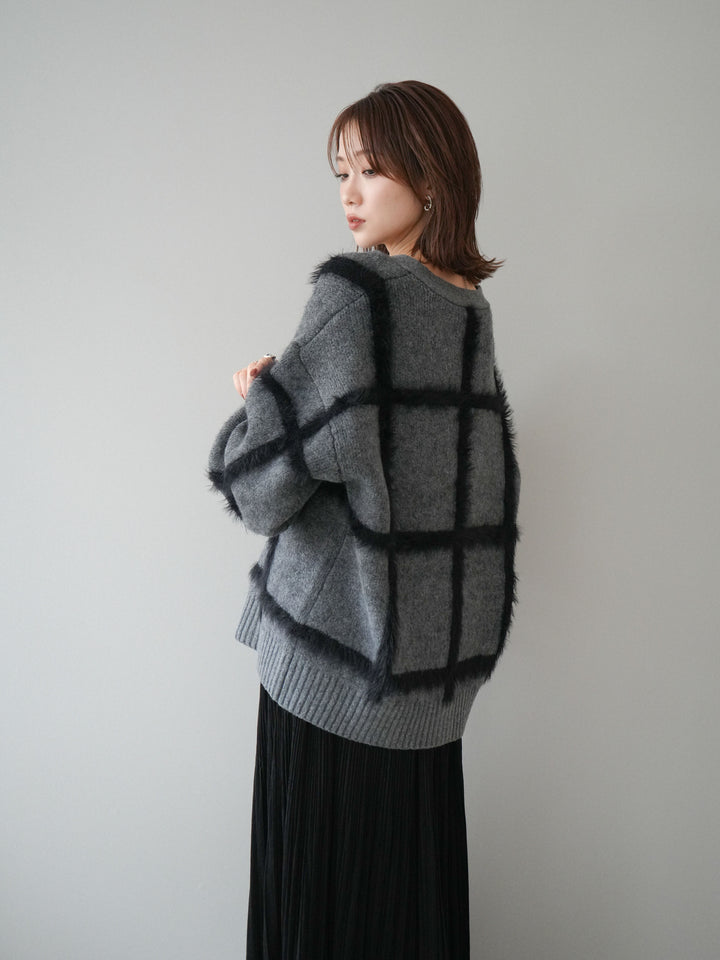 [予約]ミックスシャギーチェックカーディガン/charcoal