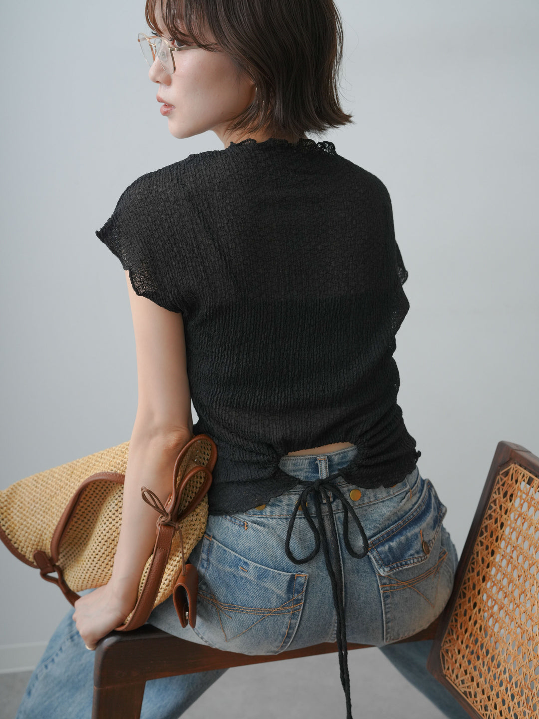 [SET]シャーリングシアーバックオープンフレンチトップス+ダメージデニムセミワイドパンツ(2set)