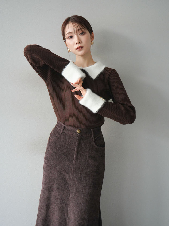 [SET]シャギー襟リブニットトップス+ベルベットマーメイドスカート(2set)