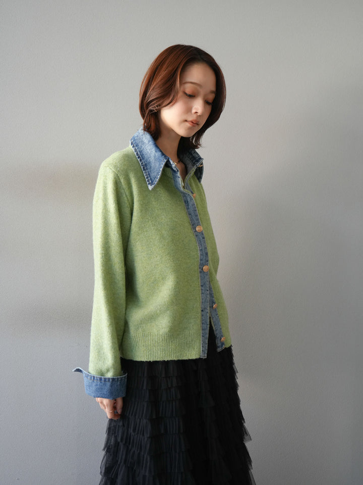 [予約]デニム襟ボタンニットカーディガン/pistachio