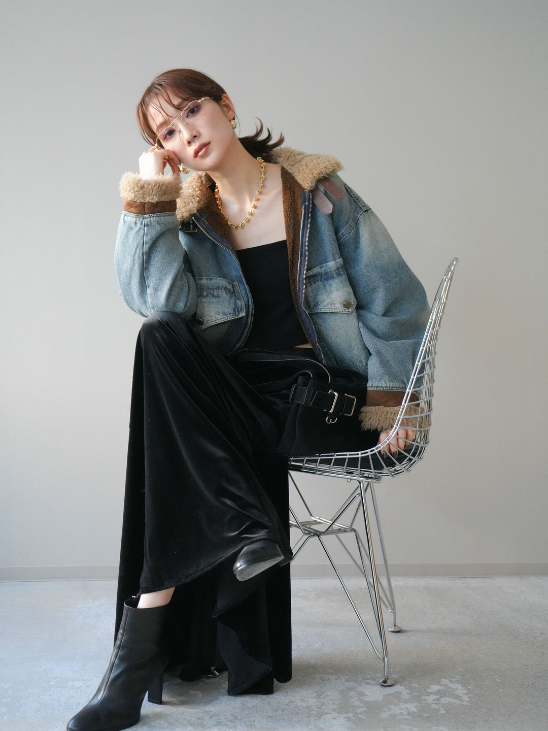 [予約]スタンドカラーファー×デニムジャケット/lightblue