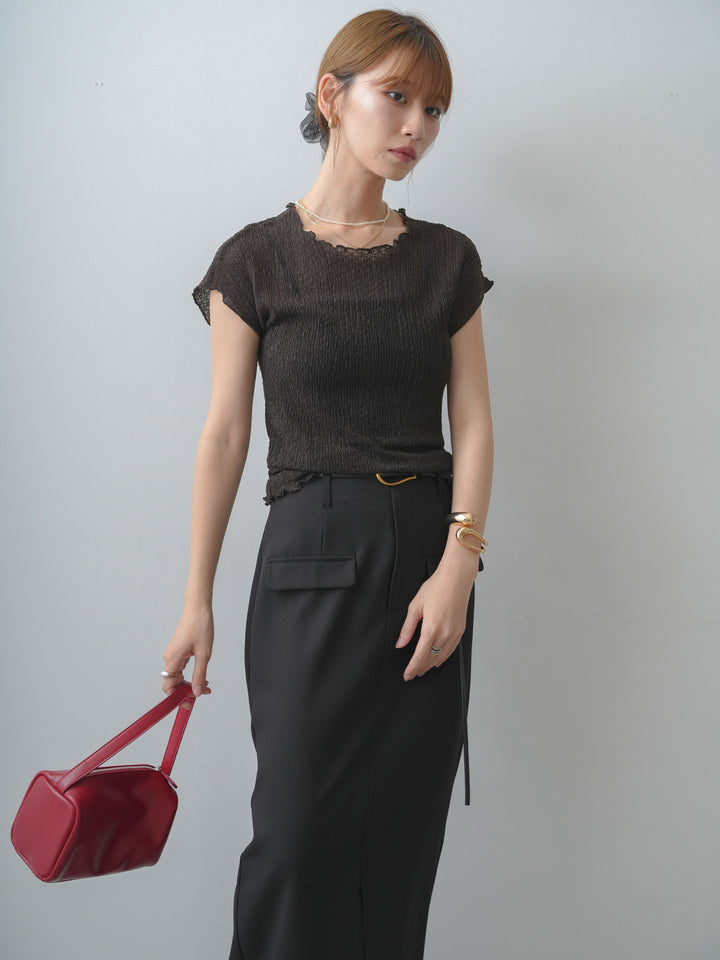 [SET]シャーリングシアーバックオープンフレンチトップス+クレープデシンフラップ付きストレートスカート(2set)
