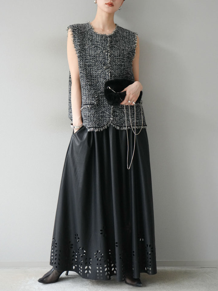 [予約]ミックスツイードフリンジニットベスト/ブラック