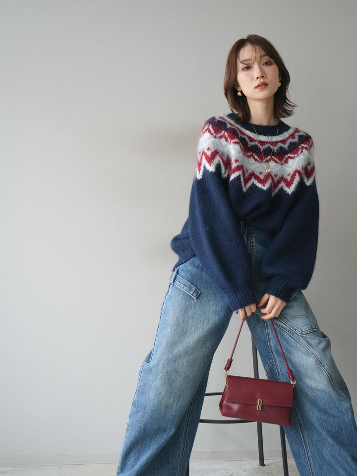 [SET]求心柄オーバーニットプルオーバー+ペインターカーブデニムパンツ(2set)