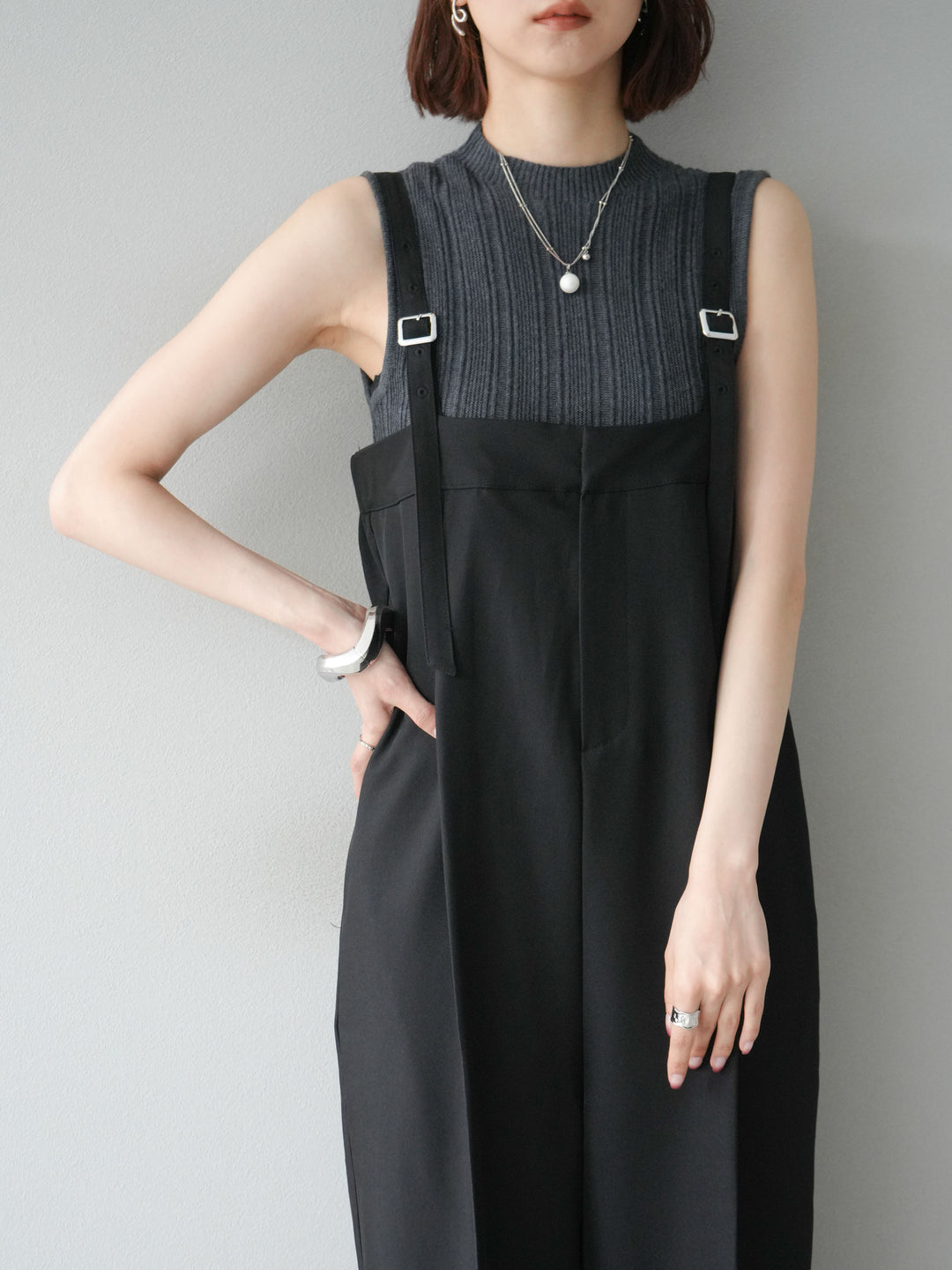 [予約]スリーブレスランダムリブニットトップス/グレー