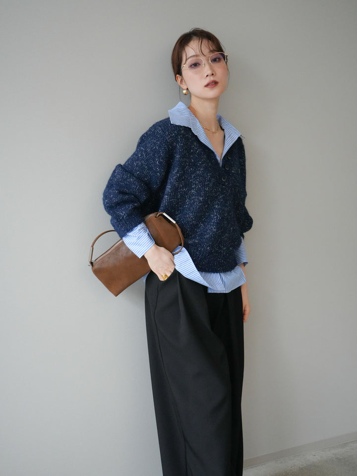 [予約]ストライプシャツドッキングMIXヤーンニットプルオーバー/navy