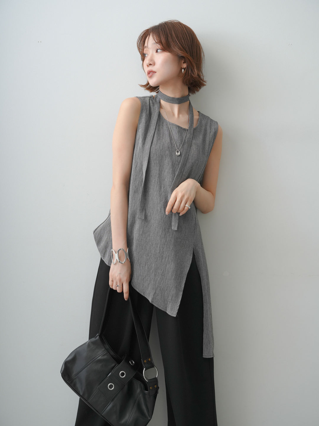 [SET]タイ付アシメヘムノースリトップス+リラックスドレープスウェットパンツ(2set)